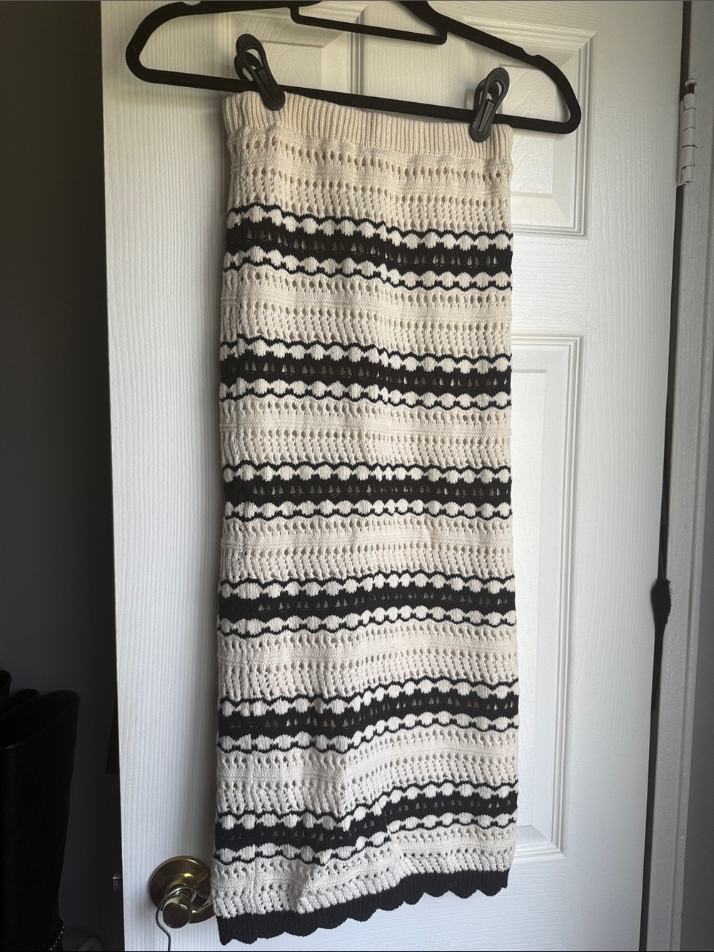 Cream and Black Striped Crochet Midi Skirt